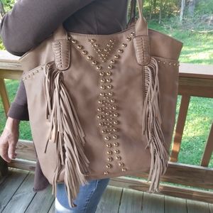 Big Buddha Tan XL Shoulder/Handbag/Tote With Tassels And Gold Bead Trim